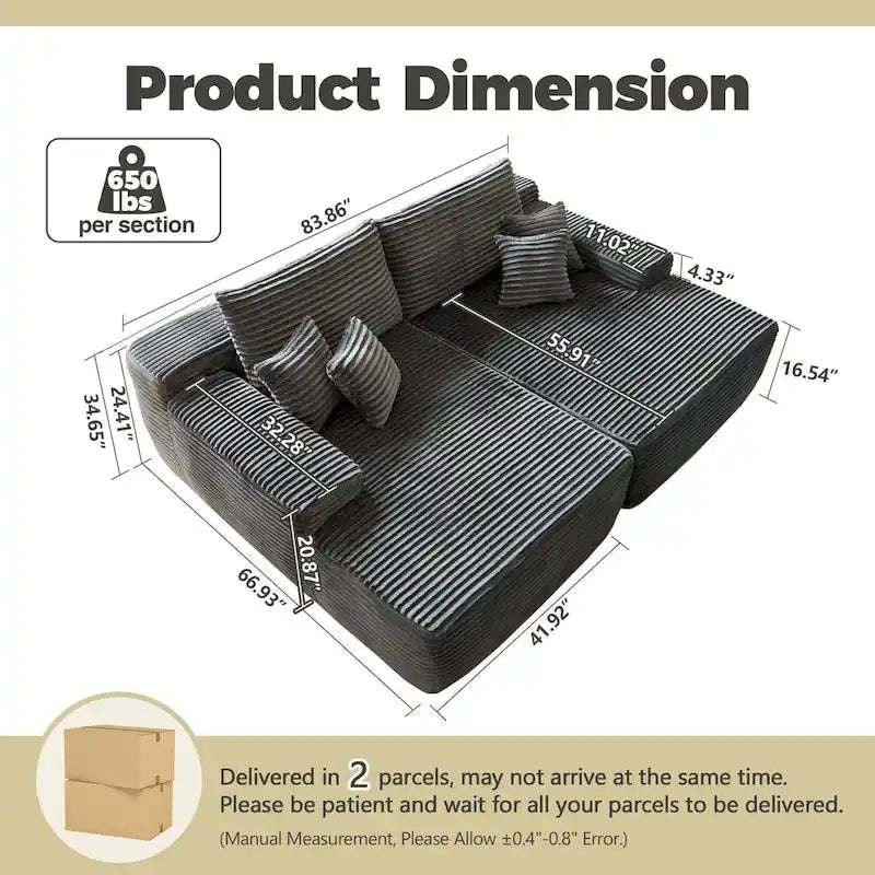 HOOOWOOO Modular Couch Plush Corduroy Sectional Sofa with Pillows