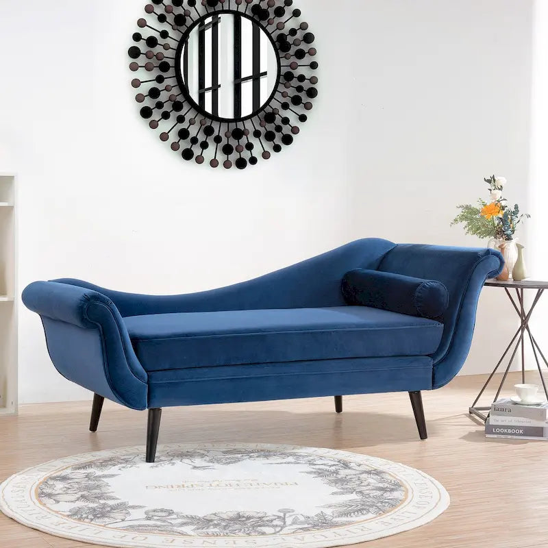 Chaise Lounge Indoor with Scroll Arms,Upholstered Chair Recliner Couch with Rolled Accent Pillow and Solid Wood Legs