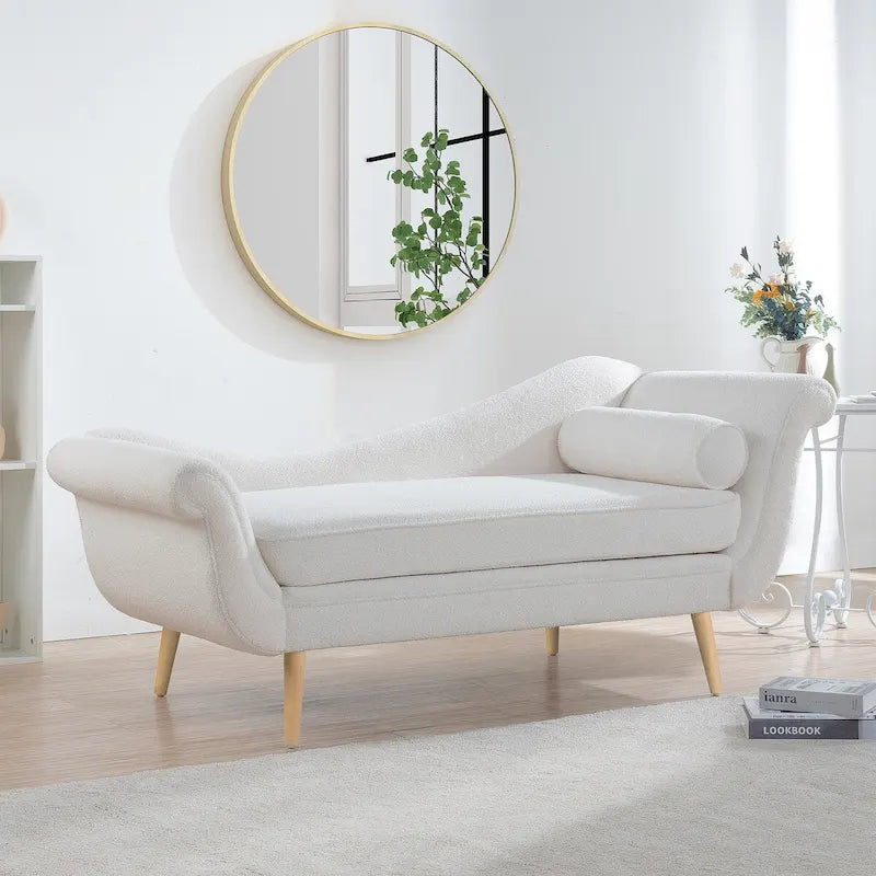 Chaise Lounge Indoor with Scroll Arms,Upholstered Chair Recliner Couch with Rolled Accent Pillow and Solid Wood Legs