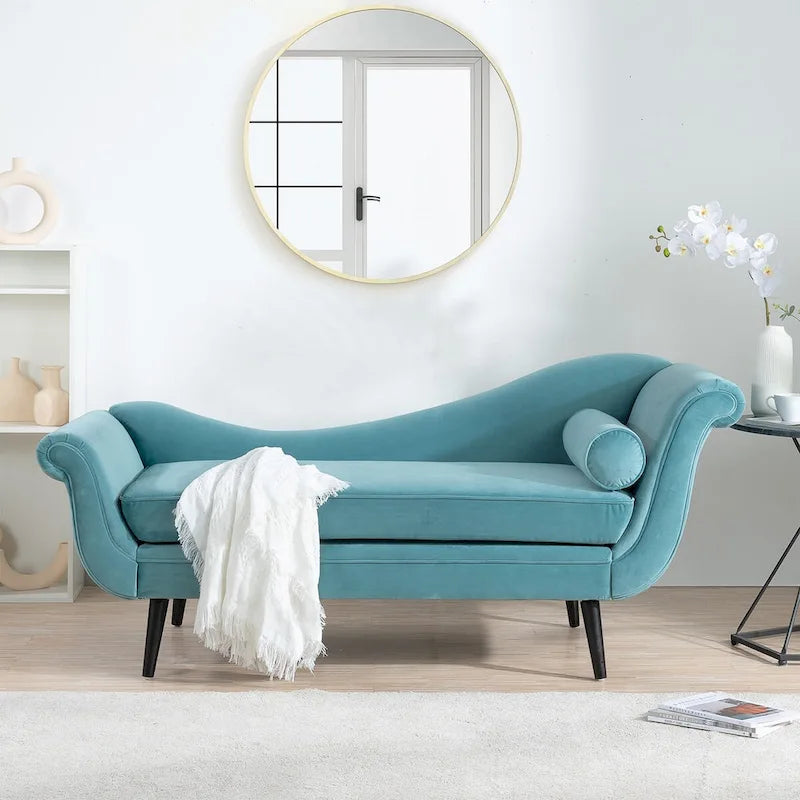 Chaise Lounge Indoor with Scroll Arms,Upholstered Chair Recliner Couch with Rolled Accent Pillow and Solid Wood Legs
