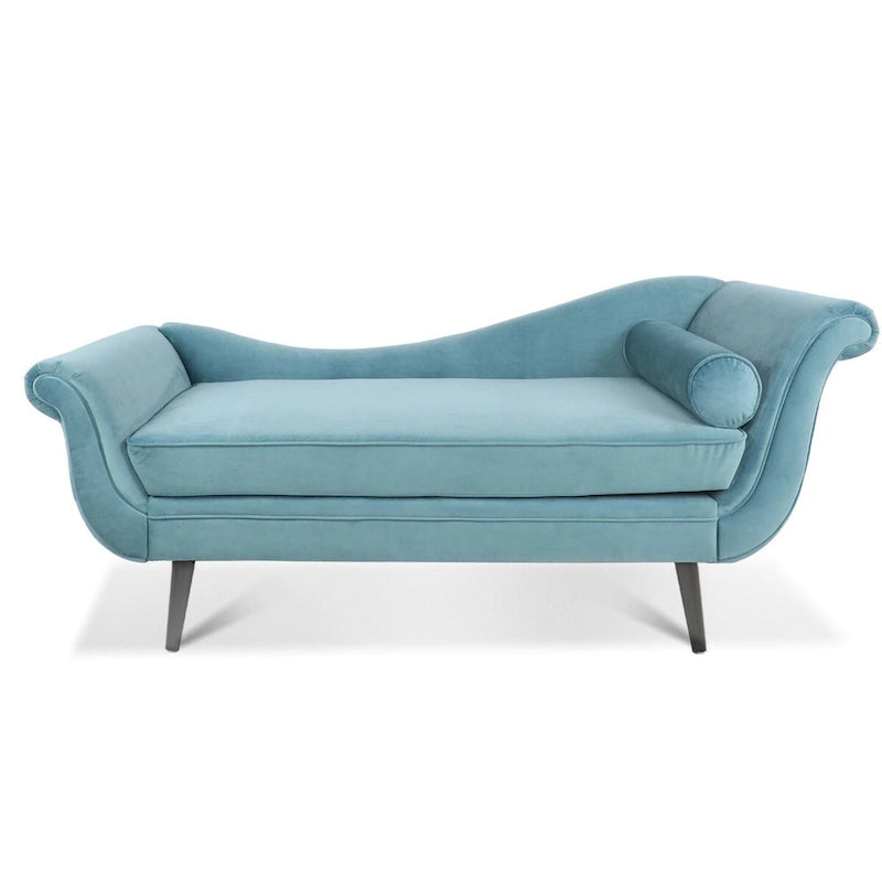 Chaise Lounge Indoor with Scroll Arms,Upholstered Chair Recliner Couch with Rolled Accent Pillow and Solid Wood Legs