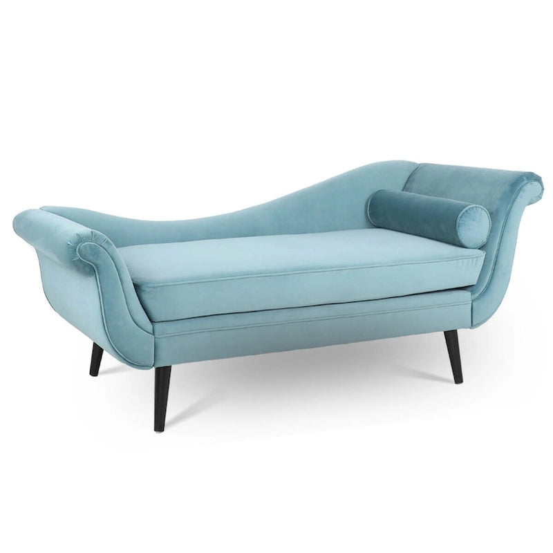 Chaise Lounge Indoor with Scroll Arms,Upholstered Chair Recliner Couch with Rolled Accent Pillow and Solid Wood Legs