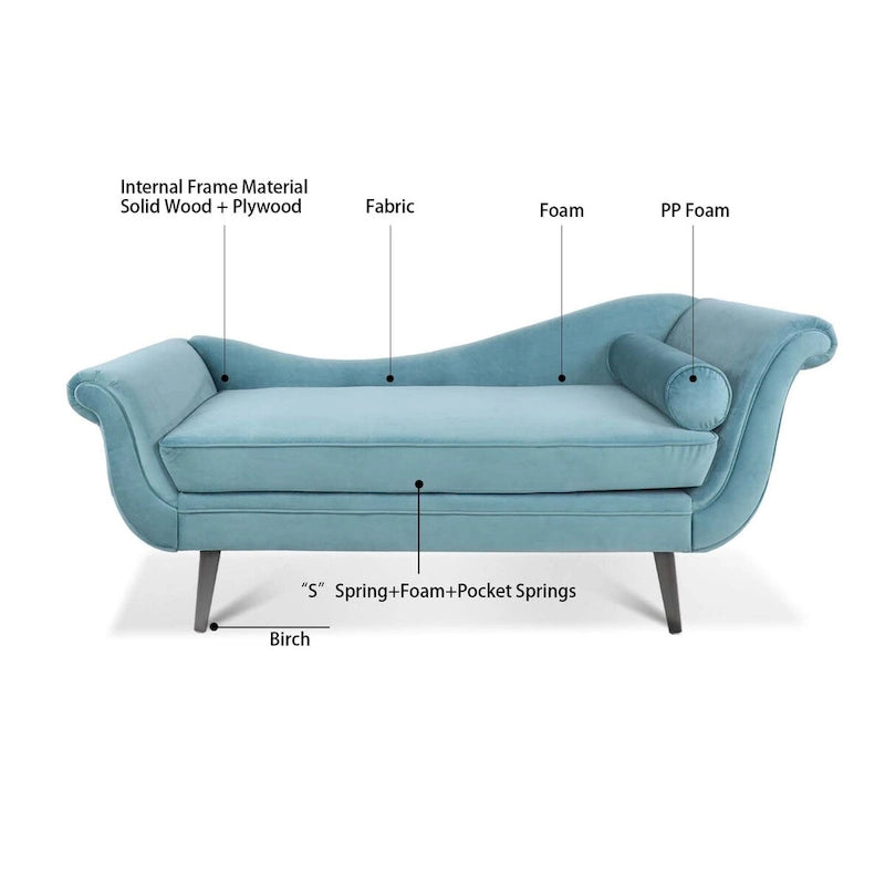 Chaise Lounge Indoor with Scroll Arms,Upholstered Chair Recliner Couch with Rolled Accent Pillow and Solid Wood Legs