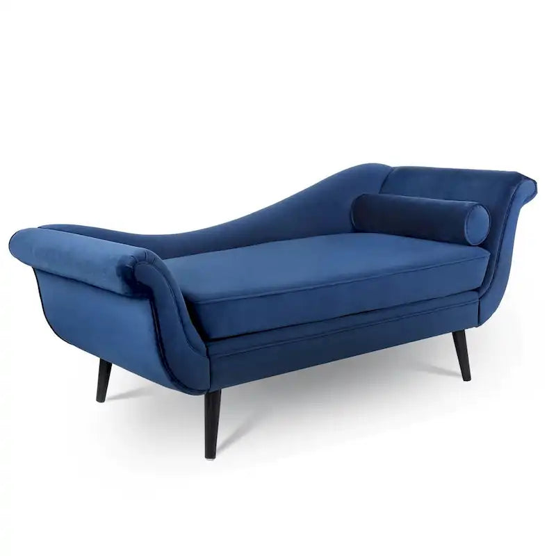 Chaise Lounge Indoor with Scroll Arms,Upholstered Chair Recliner Couch with Rolled Accent Pillow and Solid Wood Legs