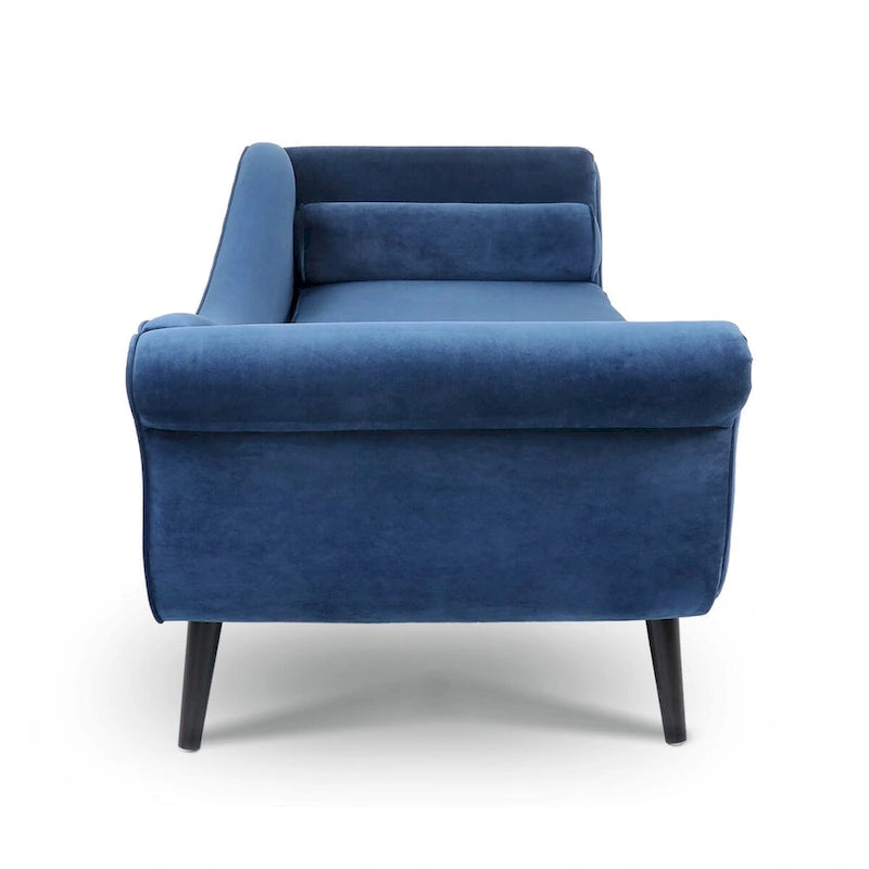 Chaise Lounge Indoor with Scroll Arms,Upholstered Chair Recliner Couch with Rolled Accent Pillow and Solid Wood Legs