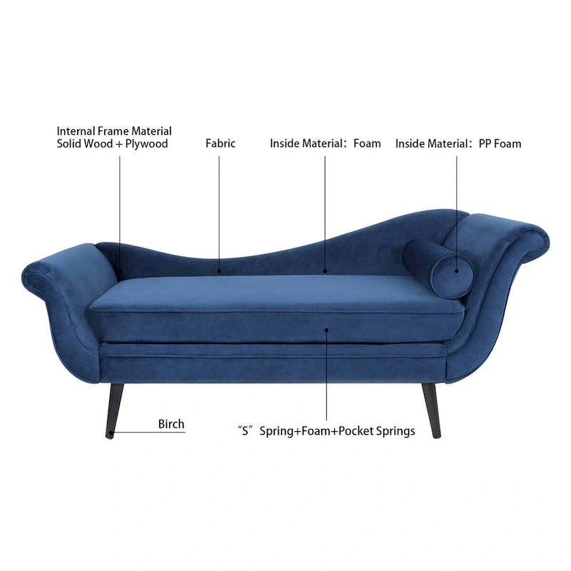 Chaise Lounge Indoor with Scroll Arms,Upholstered Chair Recliner Couch with Rolled Accent Pillow and Solid Wood Legs