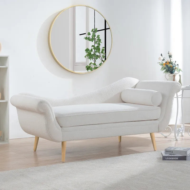 Chaise Lounge Indoor with Scroll Arms,Upholstered Chair Recliner Couch with Rolled Accent Pillow and Solid Wood Legs