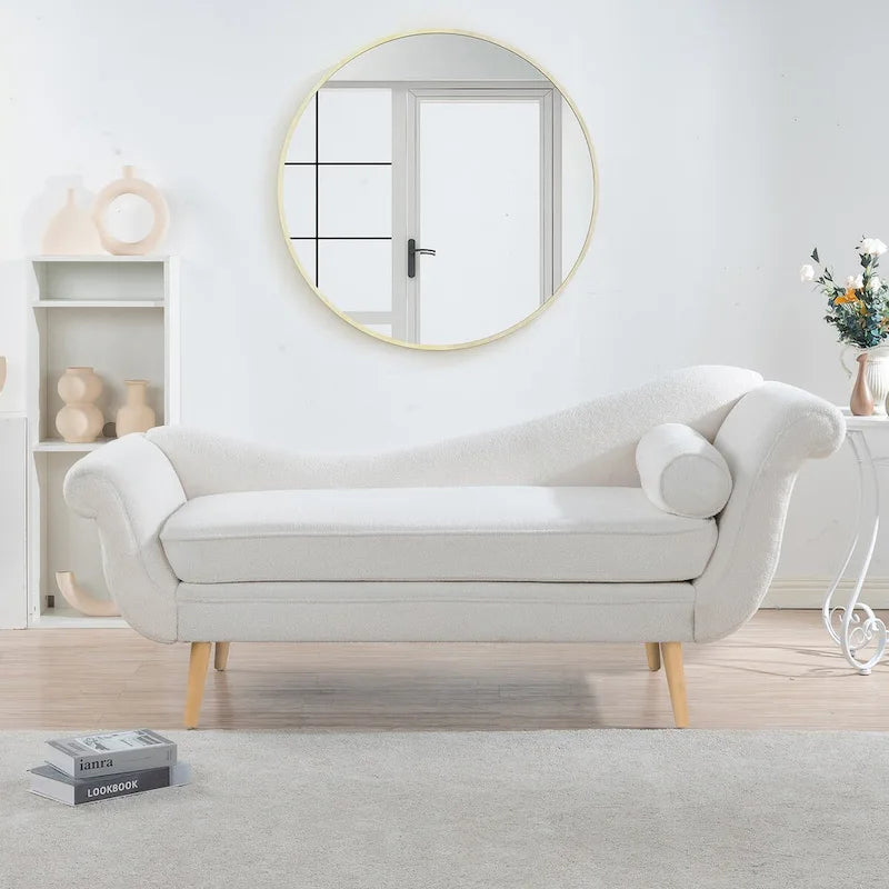 Chaise Lounge Indoor with Scroll Arms,Upholstered Chair Recliner Couch with Rolled Accent Pillow and Solid Wood Legs