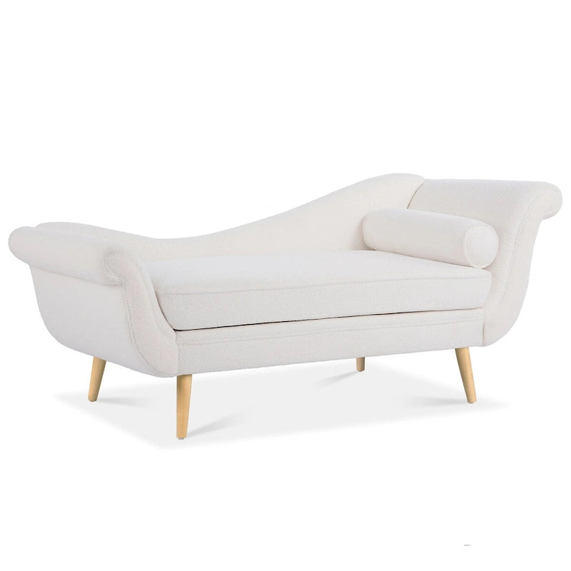 Chaise Lounge Indoor with Scroll Arms,Upholstered Chair Recliner Couch with Rolled Accent Pillow and Solid Wood Legs