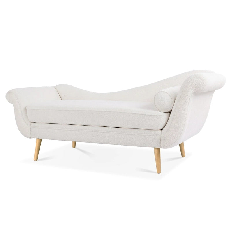 Chaise Lounge Indoor with Scroll Arms,Upholstered Chair Recliner Couch with Rolled Accent Pillow and Solid Wood Legs