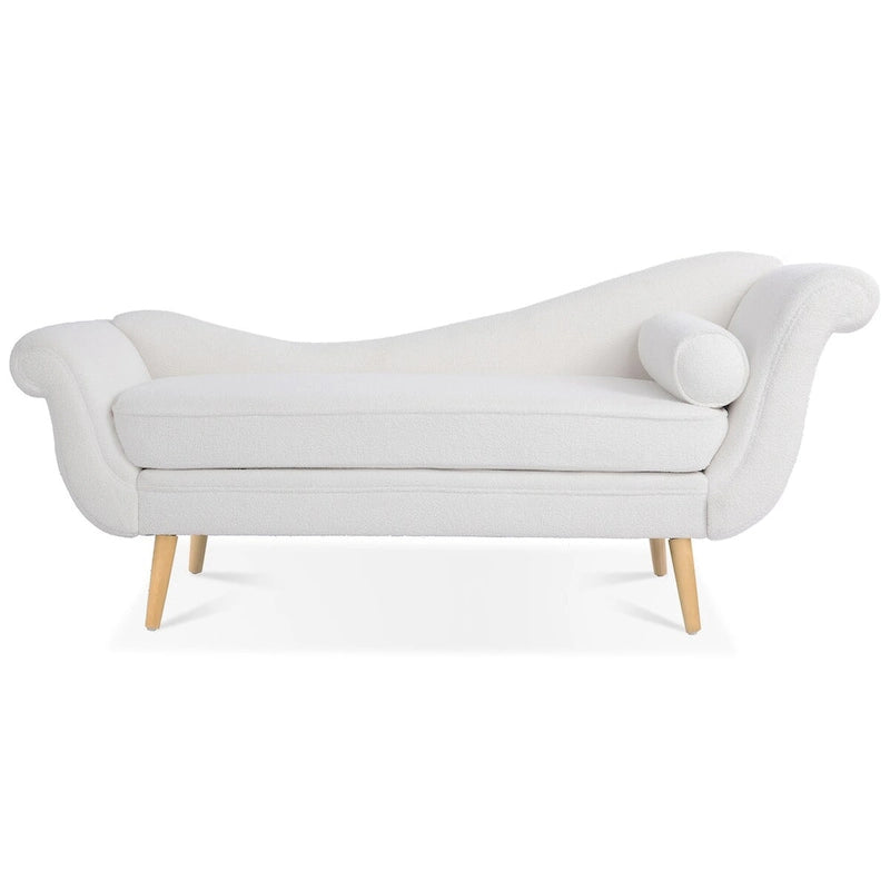 Chaise Lounge Indoor with Scroll Arms,Upholstered Chair Recliner Couch with Rolled Accent Pillow and Solid Wood Legs