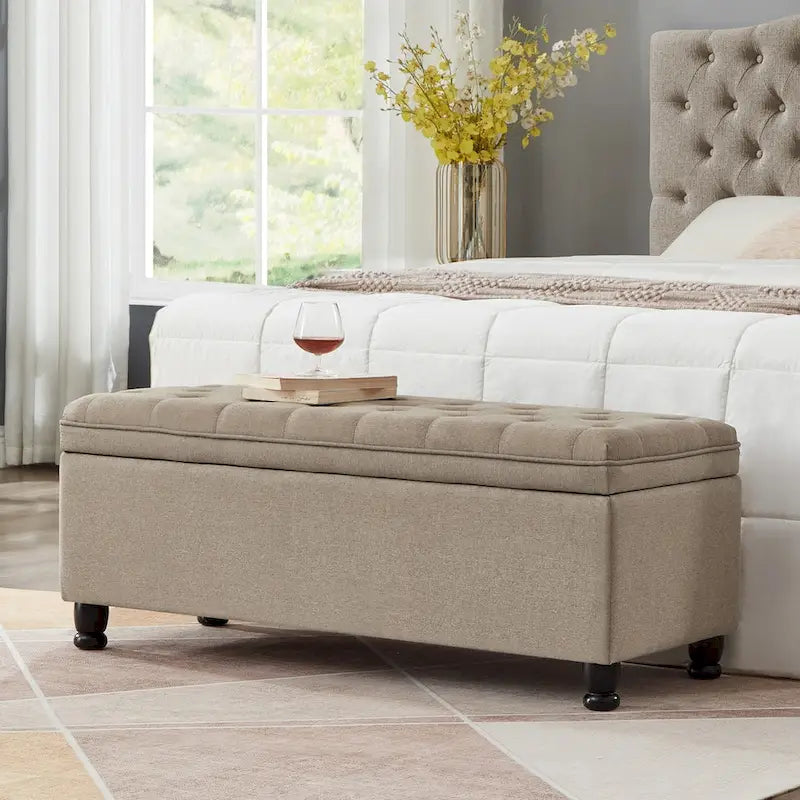 Upholstered Tufted Button Storage Bench with Spindle Wooden Legs