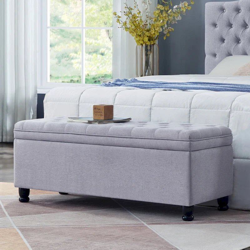 Upholstered Tufted Button Storage Bench with Spindle Wooden Legs