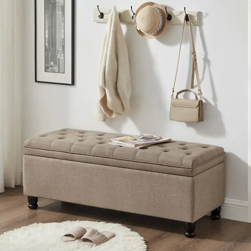 Upholstered Tufted Button Storage Bench with Spindle Wooden Legs