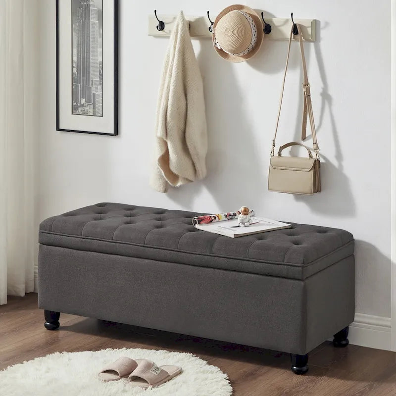 Upholstered Tufted Button Storage Bench with Spindle Wooden Legs