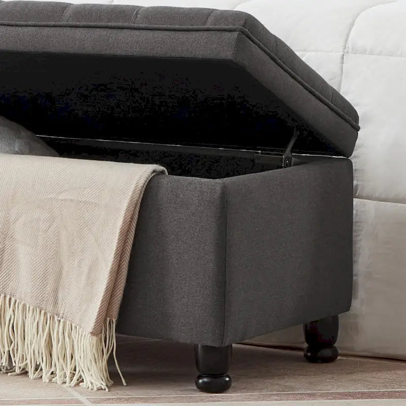 Upholstered Tufted Button Storage Bench with Spindle Wooden Legs