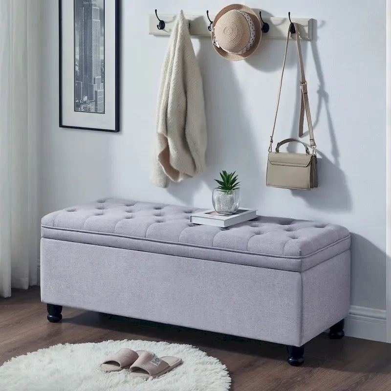 Upholstered Tufted Button Storage Bench with Spindle Wooden Legs