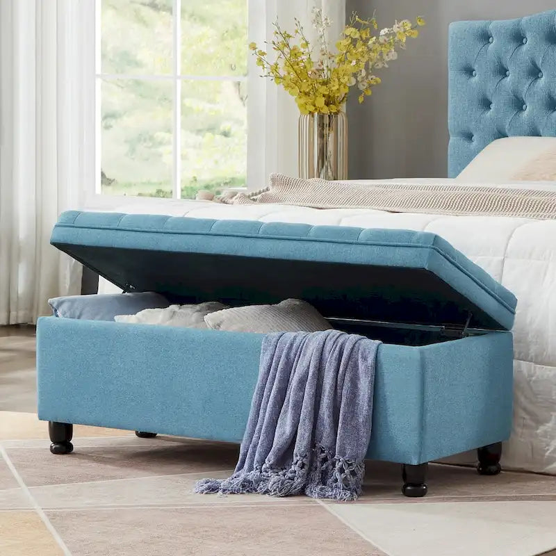 Upholstered Tufted Button Storage Bench with Spindle Wooden Legs