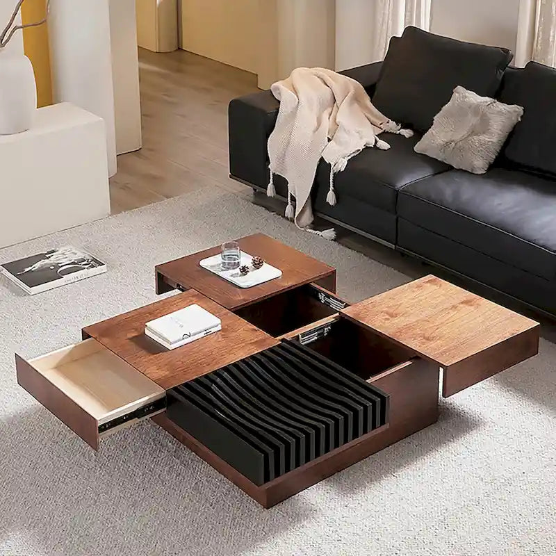 Mid-Century Modern Square Coffee Table Walnut Wood Finish Living Room Table