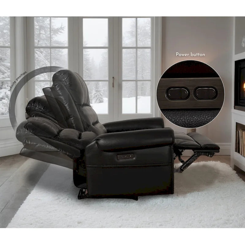 Genuine Leather Black Power Recliner Sofa, Loveseat, Recliner With Adjustable Headrest and Extendable Footrest