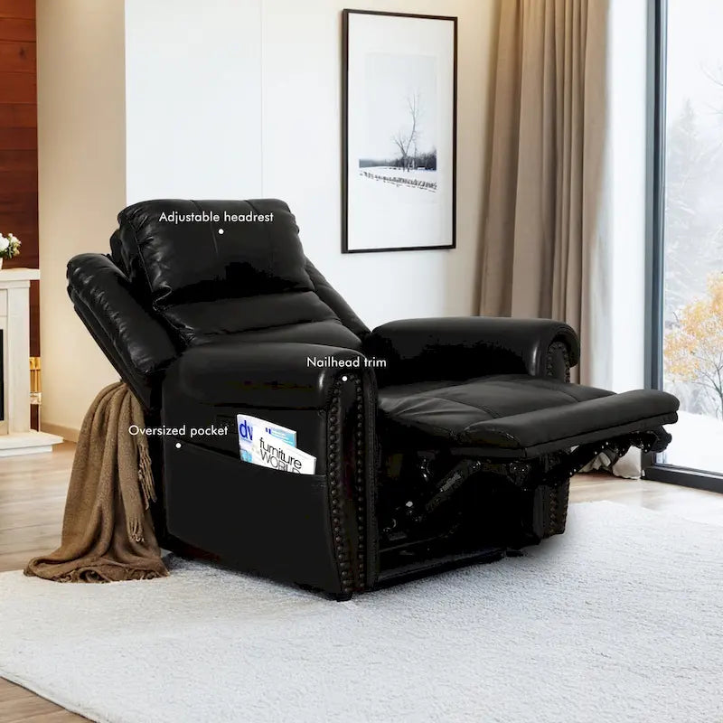 Genuine Leather Black Power Recliner Sofa, Loveseat, Recliner With Adjustable Headrest and Extendable Footrest