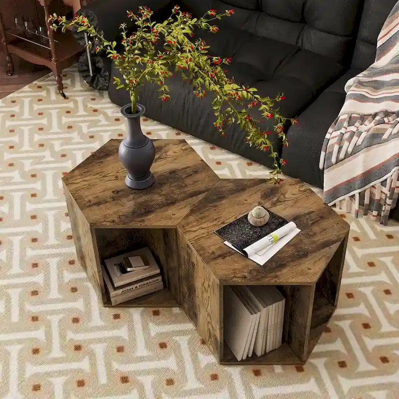 Hexagonal Small Coffee Table with Storage, Unique Modern Coffee Table for Living Room and Office, for Small Spaces