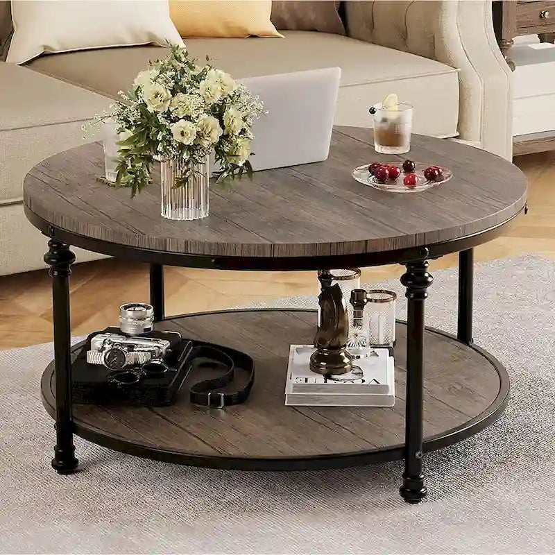 Round Coffee Table for Living Room Rustic Center Table with Storage Shelf