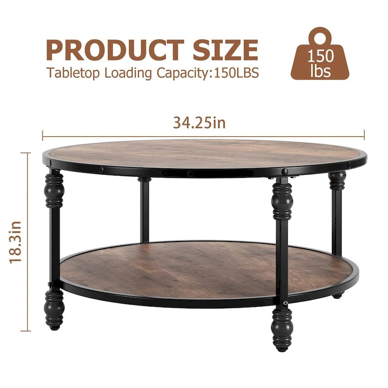 Round Coffee Table for Living Room Rustic Center Table with Storage Shelf