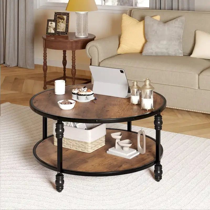 Round Coffee Table for Living Room Rustic Center Table with Storage Shelf