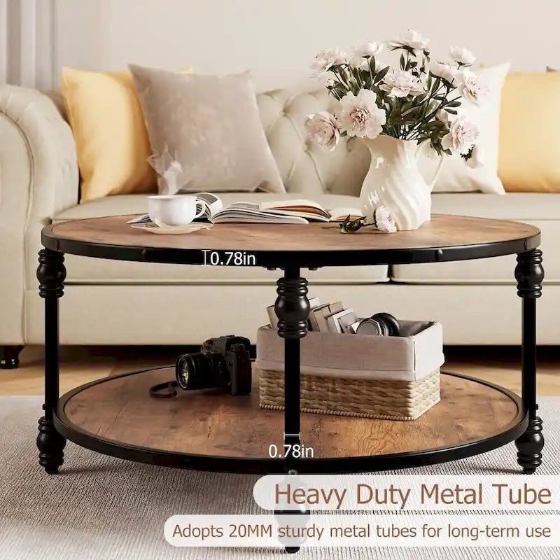 Round Coffee Table for Living Room Rustic Center Table with Storage Shelf