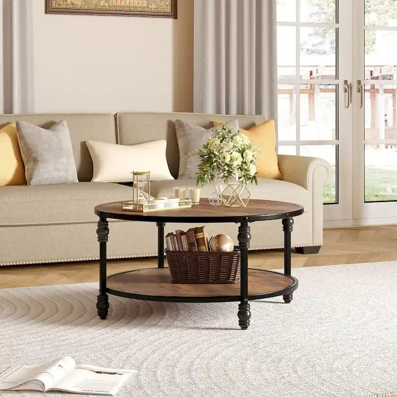 Round Coffee Table for Living Room Rustic Center Table with Storage Shelf