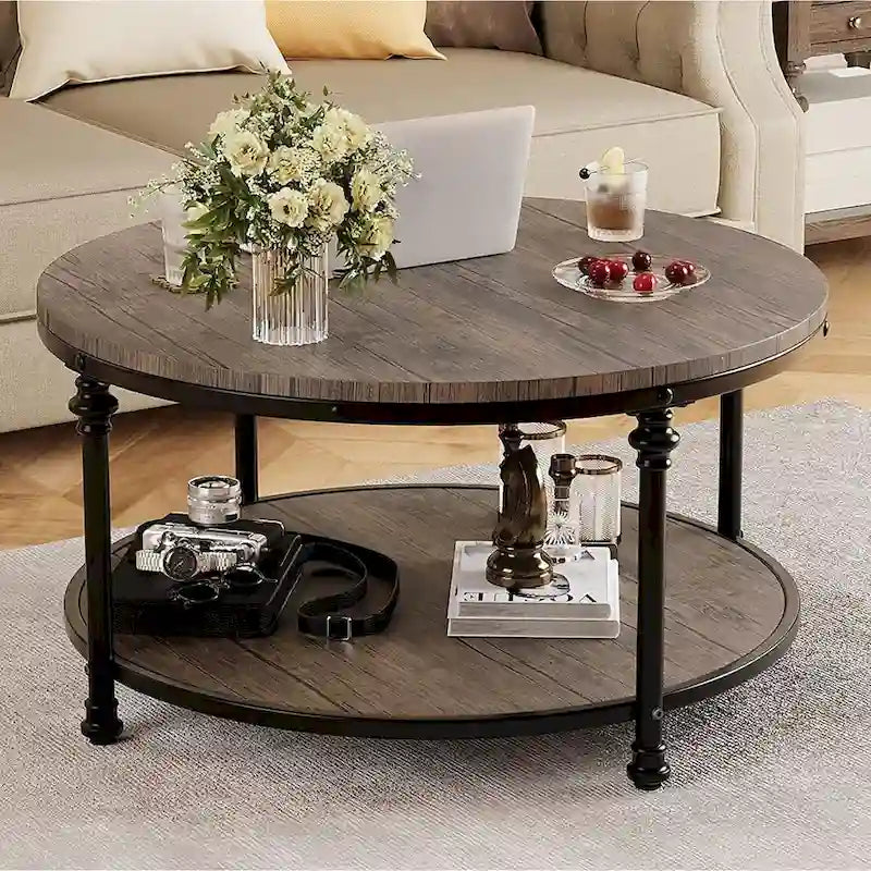 Round Coffee Table for Living Room Rustic Center Table with Storage Shelf