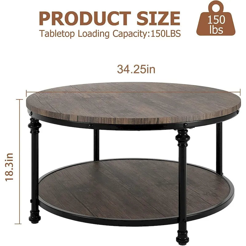 Round Coffee Table for Living Room Rustic Center Table with Storage Shelf
