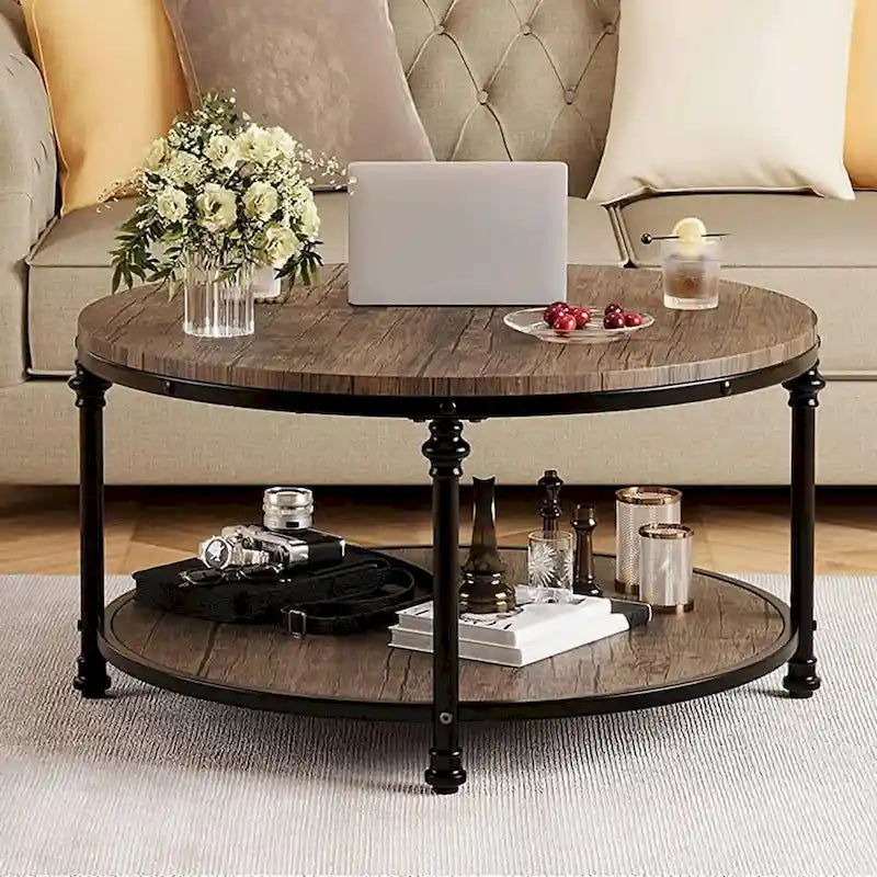 Round Coffee Table for Living Room Rustic Center Table with Storage Shelf