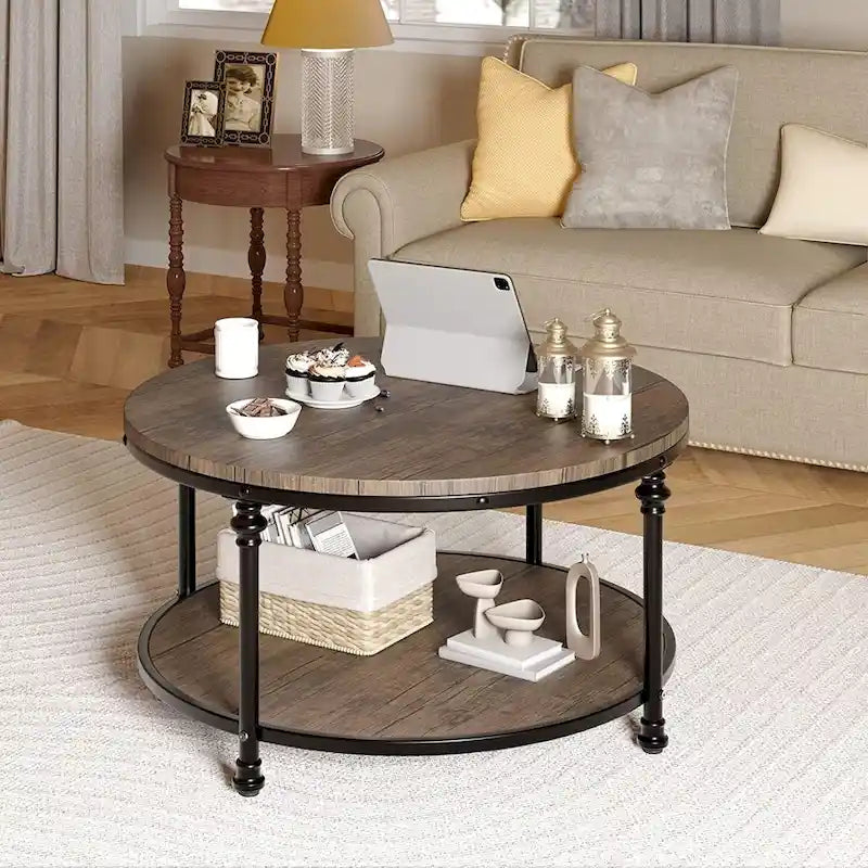 Round Coffee Table for Living Room Rustic Center Table with Storage Shelf