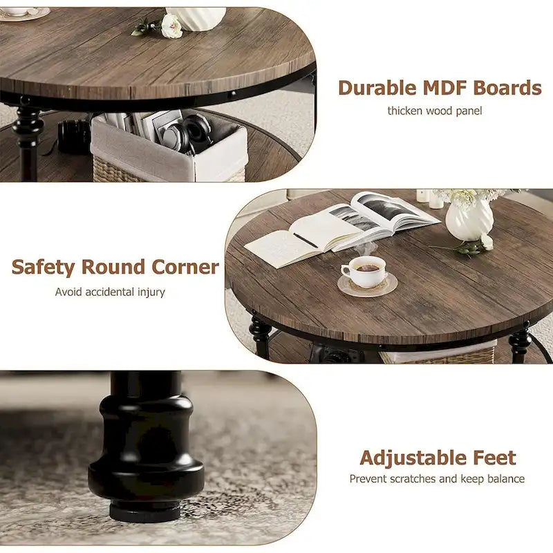 Round Coffee Table for Living Room Rustic Center Table with Storage Shelf