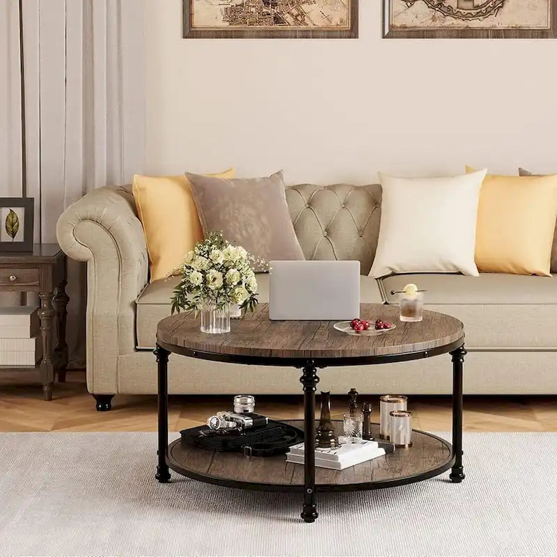 Round Coffee Table for Living Room Rustic Center Table with Storage Shelf