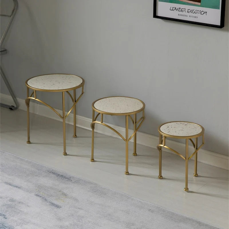 Decorative Gold Metal Round Plant Stand, Modern White Marble Look Top Display End Side Table, Set of 3 - Set of 3