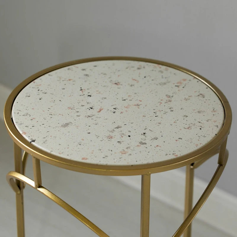 Decorative Gold Metal Round Plant Stand, Modern White Marble Look Top Display End Side Table, Set of 3 - Set of 3
