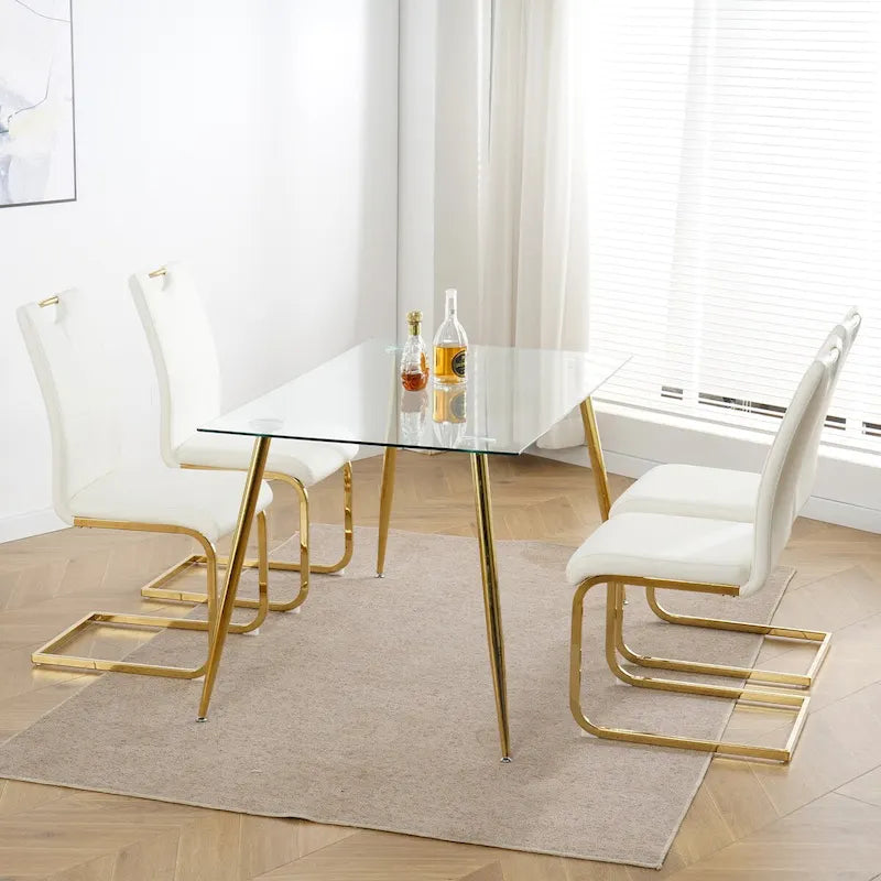 Set of 4 Modern Faux Leather Padded Seat Dining Chairs with gold Metal Legs