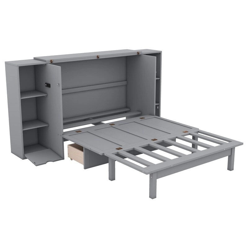 Full Size Wooden Murphy Bed with Shelves, Drawers and USB Ports