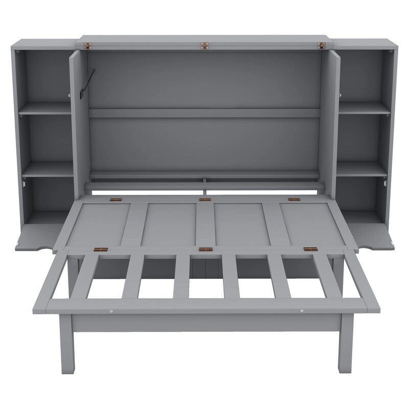Full Size Wooden Murphy Bed with Shelves, Drawers and USB Ports