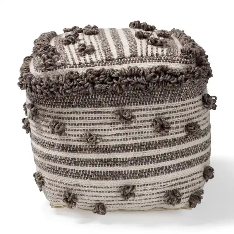 The Curated Nomad Koroh Moroccan Ivory and Brown Handwoven Wool Pouf Ottoman