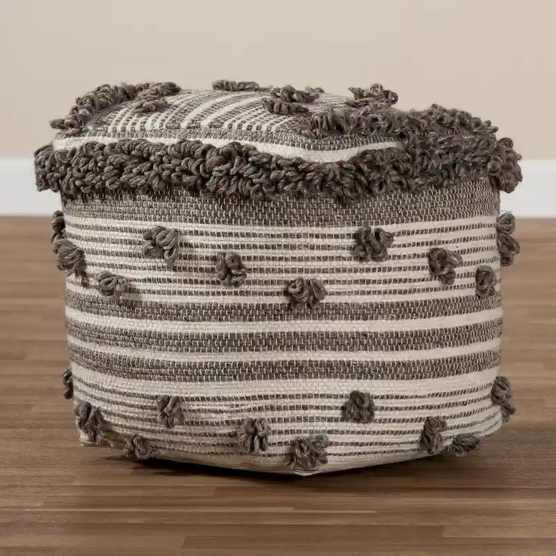 The Curated Nomad Koroh Moroccan Ivory and Brown Handwoven Wool Pouf Ottoman