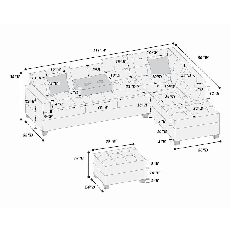 Poundex 3-Piece Sectional Set W/ Ottoman