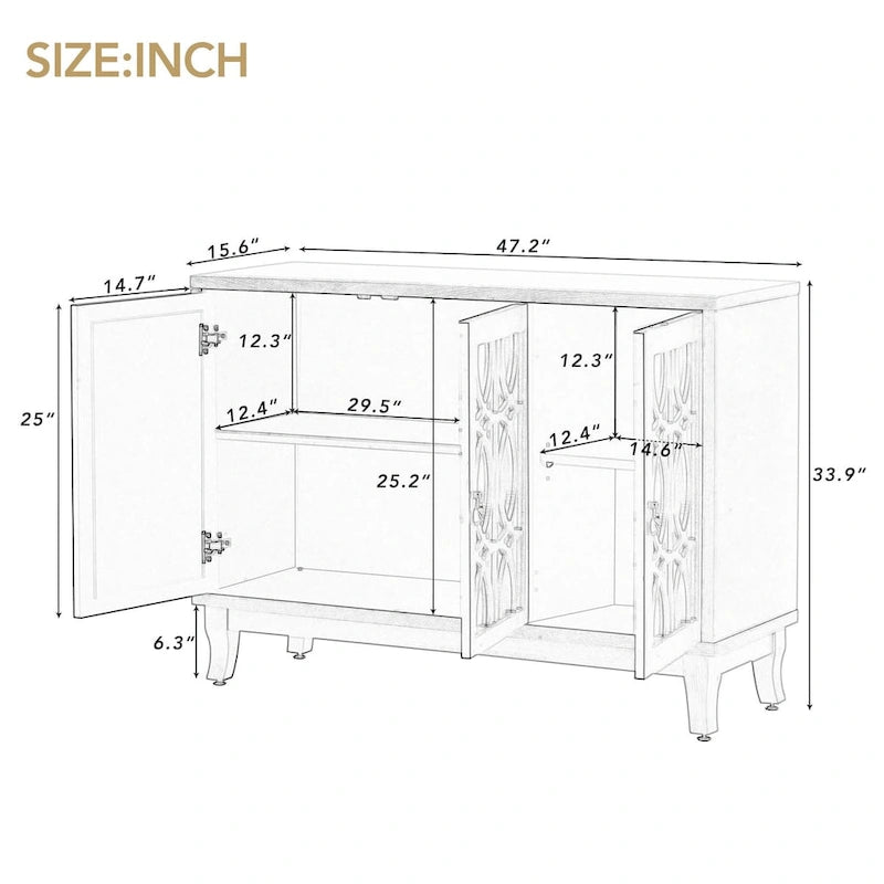 Sideboard with Glass Doors, 3 Door Mirrored Buffet Cabinet with Silver Handle for Living Room, Hallway, Dining Room