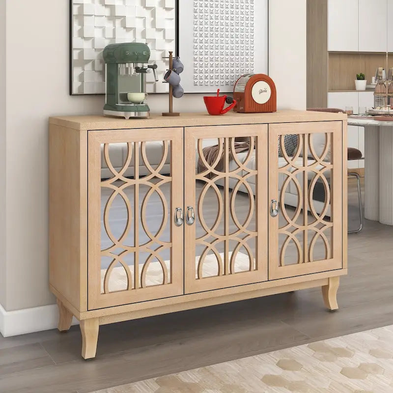 Sideboard with Glass Doors, 3 Door Mirrored Buffet Cabinet with Silver Handle for Living Room, Hallway, Dining Room