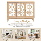Sideboard with Glass Doors, 3 Door Mirrored Buffet Cabinet with Silver Handle for Living Room, Hallway, Dining Room