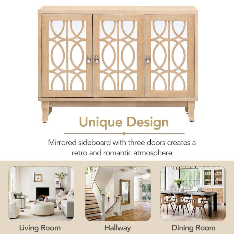 Sideboard with Glass Doors, 3 Door Mirrored Buffet Cabinet with Silver Handle for Living Room, Hallway, Dining Room