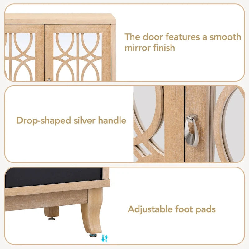 Sideboard with Glass Doors, 3 Door Mirrored Buffet Cabinet with Silver Handle for Living Room, Hallway, Dining Room
